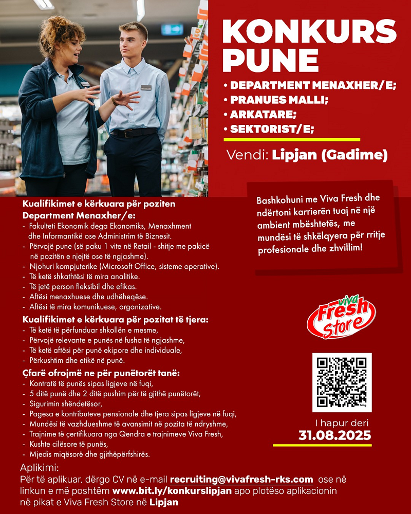 Department Menaxher/e, Pranues Malli, Arkatare, Sektorist/e - Gadime (Lipjan)